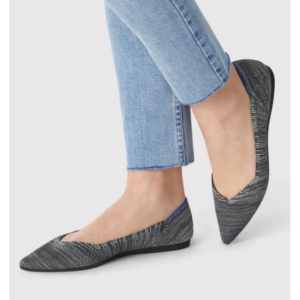 Rothys The Point Flats Black White Heathered Knit Pointed Toe Shoes Womens 9